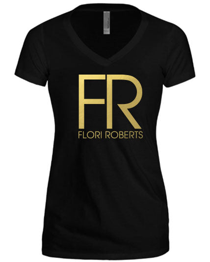 Flori Roberts FR Logo Black V Neck Shirt Gold Foil