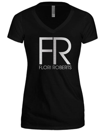 Flori Roberts FR Logo Black V Neck Shirt Silver Foil