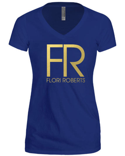 Flori Roberts FR Logo Royal Blue V Neck Shirt Gold Foil