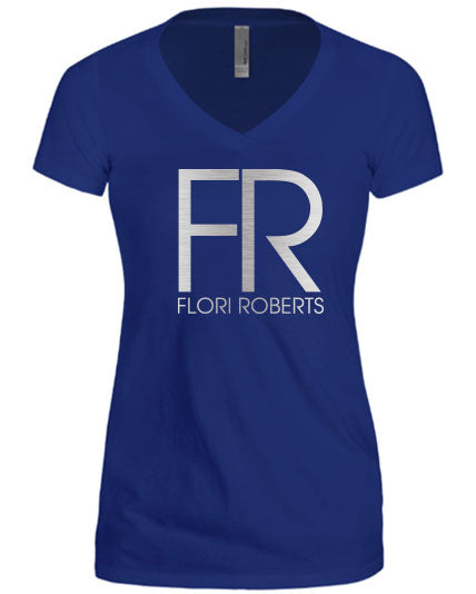 Flori Roberts FR Logo Royal Blue V Neck Shirt Silver Foil