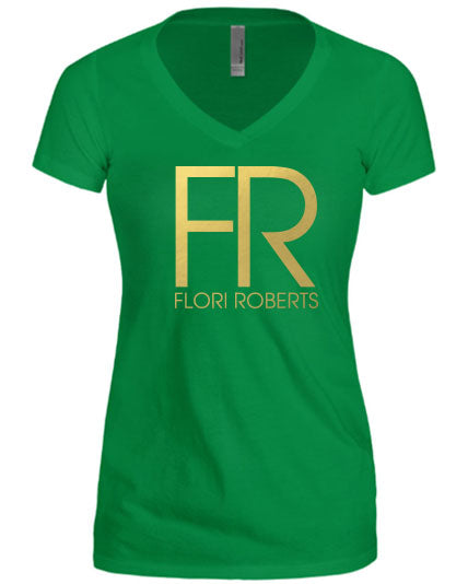 Flori Roberts FR Logo Kelly Green V Neck Shirt Gold Foil