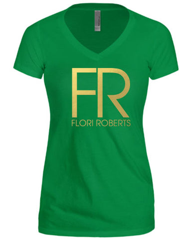 Flori Roberts FR Logo Kelly Green V Neck Shirt Gold Foil