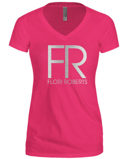 Flori Roberts FR Logo Raspberry V Neck Shirt Silver Foil