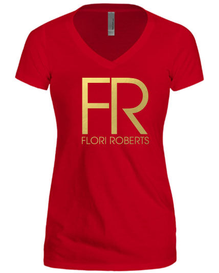 Flori Roberts FR Logo Red V Neck Shirt Gold Foil